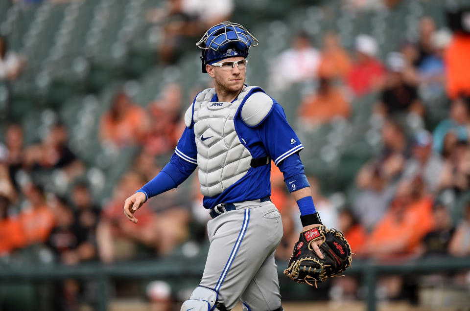 BALTIMORE, MD - AUGUST 01:  Danny Jansen #9 of the Toronto Blue Jays catches against the Baltimore Orioles at Oriole Park at Camden Yards on August 1, 2019 in Baltimore, Maryland.  (Photo by G Fiume/Getty Images)