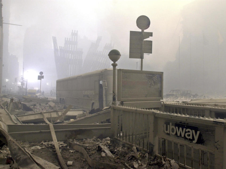 <p>A destroyed subway station on Cortlandt Street near the World Trade Center on the evening of Sept. 12, 2001. (Photo: Mark Lennihan/AP) </p>