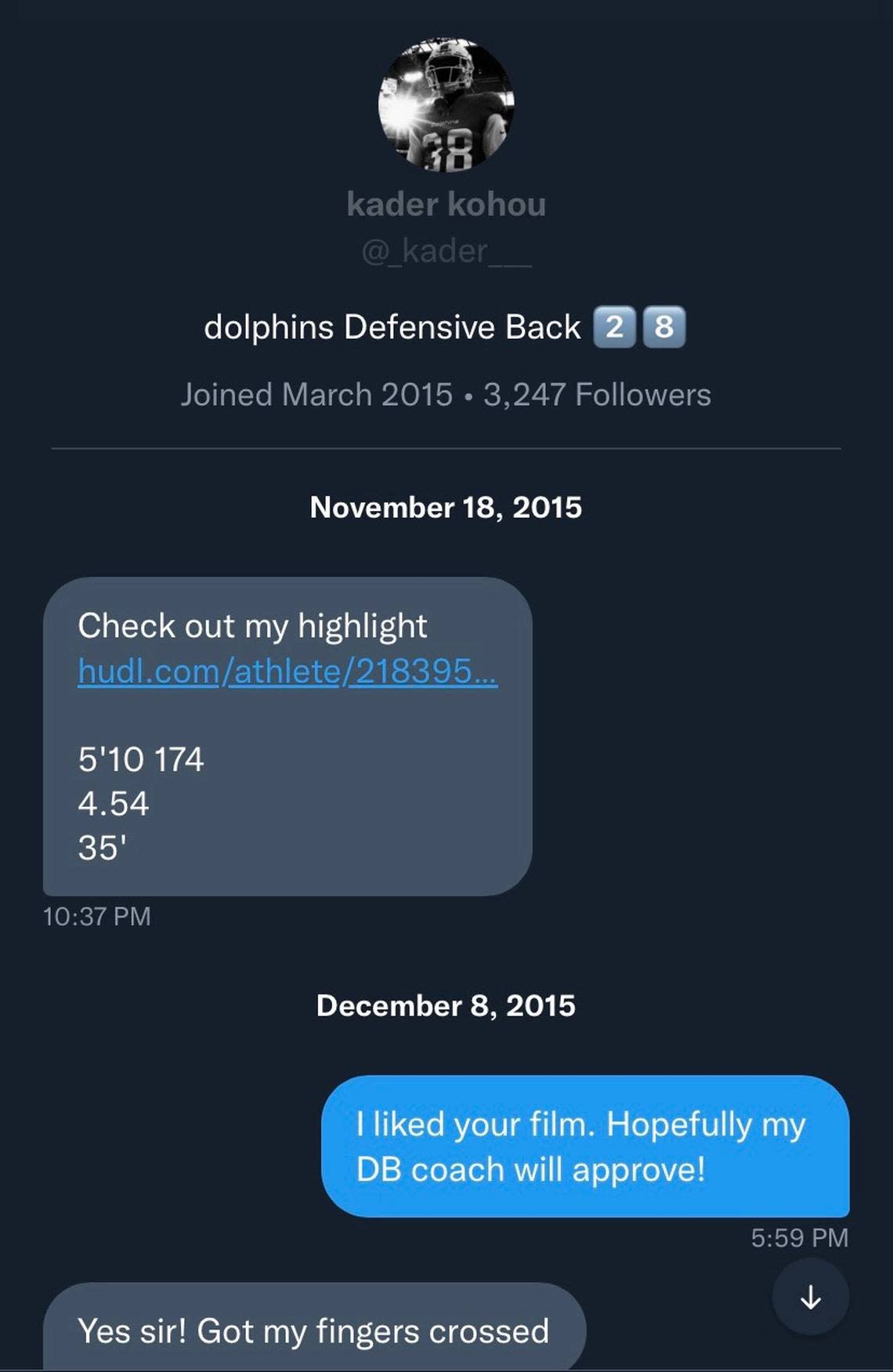 Direct message from Dolphins CB Kader Kohou to Caid Faske in 2015