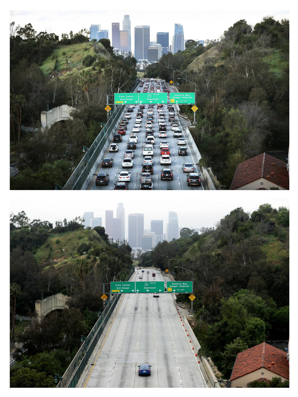 Contrasting images of morning rush hour on the 110 freeway a week before stay-at-home orders were issued in Los Angeles, and a photo of the freeway after the orders went into effect.