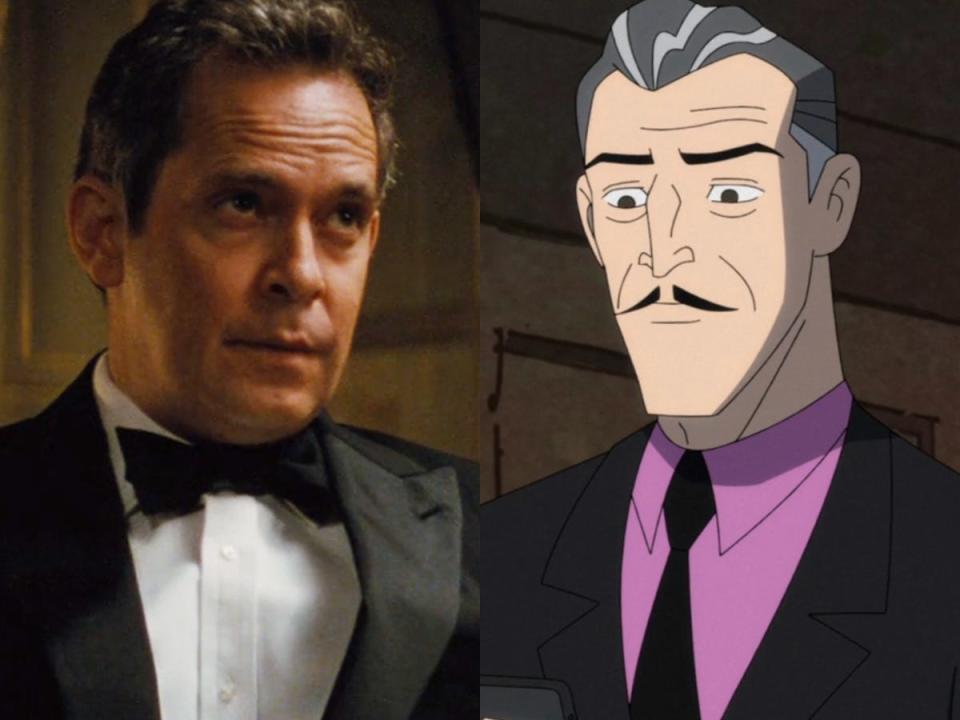 On the left: Tom Hollander in "Mission: Impossible — Rogue Nation." On the right: Alfred on the animated series "Harley Quinn."
