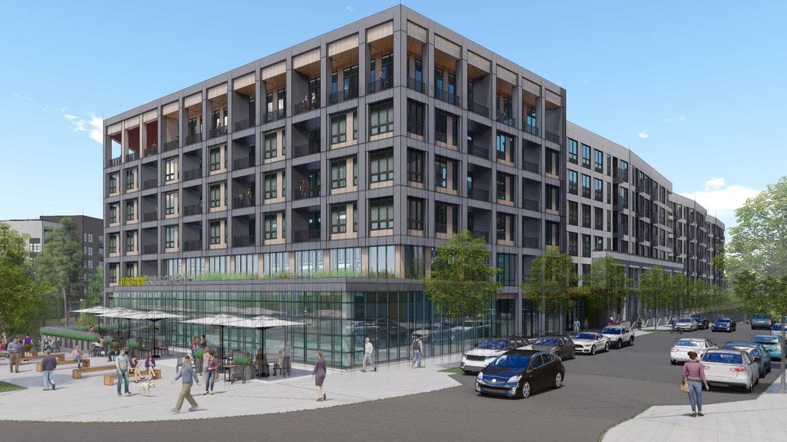 A rendering of Kane Realty’s mixed-use project called Tributary, which will include 320 luxury apartments and 6,000 square feet of ground-floor retail space in North Hills’ Innovation District.