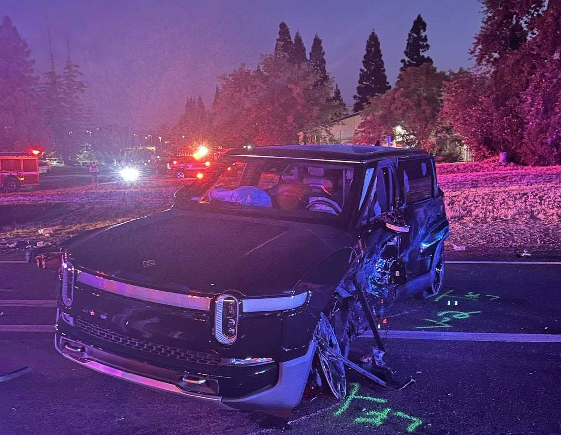 A red Hyundai that was reported stolen and fleeing in a California Highway Patrol pursuit Monday evening, July 29, 2024, crashed with a Rivian SUV at the intersection of Murieta Parkway and Jackson Road in Rancho Murieta.