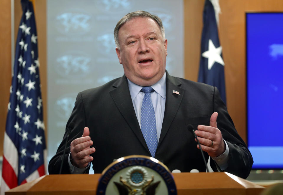 Secretary of State Mike Pompeo gestures while speaking during a news conference at the State Department in Washington, Tuesday, Nov. 20, 2018. (AP Photo/Pablo Martinez Monsivais)