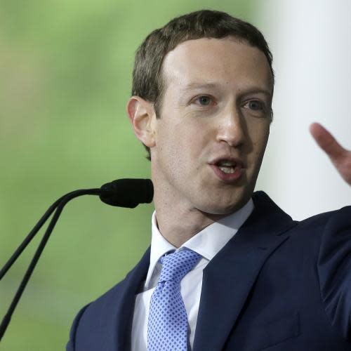 Mark Zuckerberg<br>FILE - In this May 25, 2017, file photo, Facebook CEO Mark Zuckerberg delivers the commencement address at Harvard University in Cambridge, Mass. Zuckerberg says his biggest takeaway of his year traveling to dozens of states is the importance of local communities. To this end, he’s announcing a new program to boost small businesses and give people technical skills on and off Facebook. The move shows how intertwined Facebook has become not just in our social lives, but in entrepreneurs’ economic survival and growth. (AP Photo/Steven Senne, File)