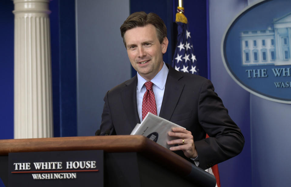 FILE - This Aug. 22, 2016 file photo shows White House press secretary Josh Earnest arriving for a daily briefing at the White House in Washington. Earnest, chief speechwriter Cody Keenan and senior adviser Valerie Jarrett are featured in a two-hour documentary about President Barack Obama told through the workdays and accounts of key White House staff members. “The End: Inside the Last Days of the Obama White House, airs Wednesday, Jan. 18, 2017 at 9p.m. EST on CNN. (AP Photo/Susan Walsh, File)