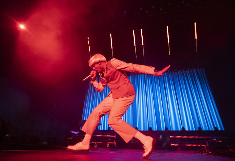 LOS ANGELES, CALIF. -- SATURDAY, NOVEMBER 9, 2019: Tyler The Creator performs on the Camp Stage at Camp Flog Gnaw Carnivall at Dodger Stadium in Los Angeles, Calif., on Nov. 9, 2019. (Allen J. Schaben / Los Angeles Times)