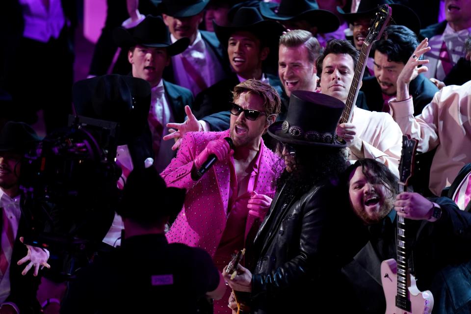 Ryan Gosling performs “I’m Just Ken” from “Barbie” with Slash and Mark Ronson during the 96th Oscars at the Dolby Theatre at Ovation Hollywood in Los Angeles on March 10, 2024.