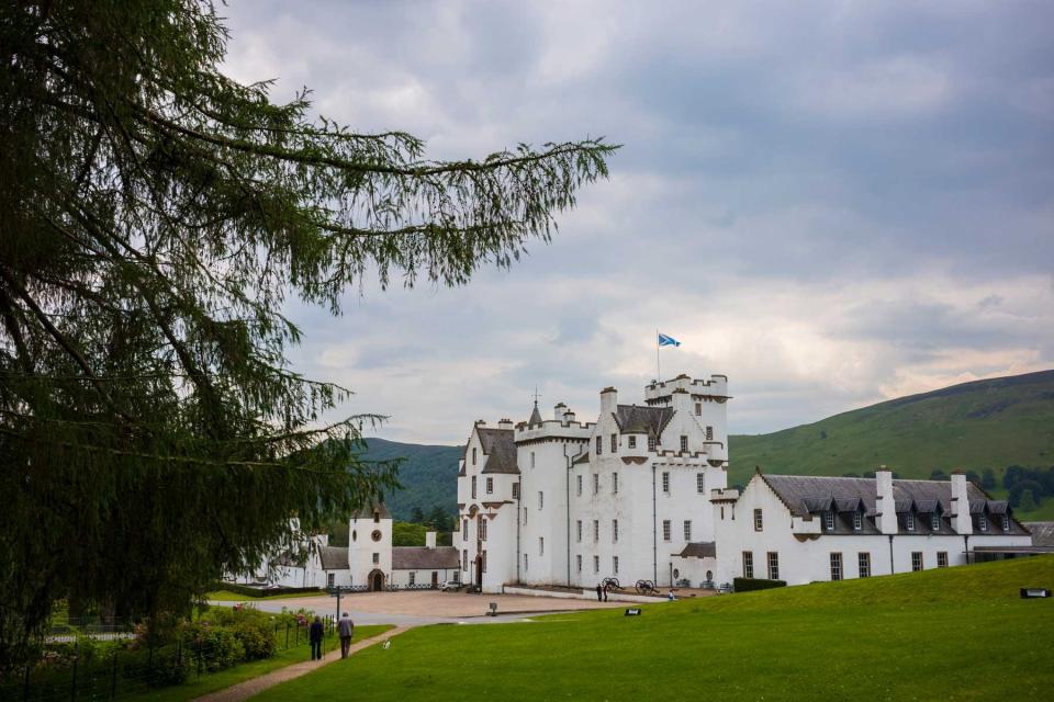 Blair Castle, a popular tourist attraction, is located in the grassy hills near the Village of Blair Atholl.