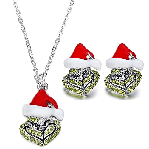 Magwei Christmas Earrings Necklace Set, Xmas Grinch Women's Stud Earring Necklace Jewelry Gift Sets