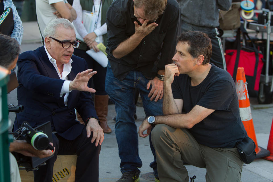 This image released by Paramount Pictures shows director Martin Scorsese, left, with cinematographer Rodrigo Prieto during the filming of "The Wolf of Wall Street." (AP Photo/Paramount Pictures, Mary Cybulski)