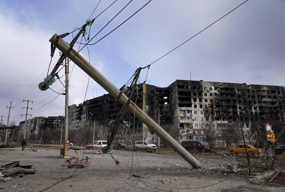 Destroyed buildings are seen in Mariupol, in Ukraine