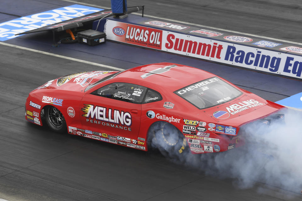 In this photo provided by the NHRA, Erica Enders picks up her fourth victory in five races in Pro Stock at Summit Racing Equipment Motorsports Park at the Summit Racing Equipment NHRA Nationals in Norwalk, Ohio, Sunday, June 26, 2022. (Marc Gewertz/NHRA via AP)