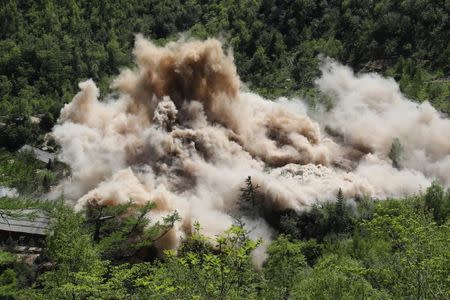 A command post and barracks of Punggye-ri nuclear test ground are blown up during the dismantlement process in Punggye-ri, North Hamgyong Province, North Korea May 24, 2018. Picture taken May 24, 2018 News1/Pool via REUTERS
