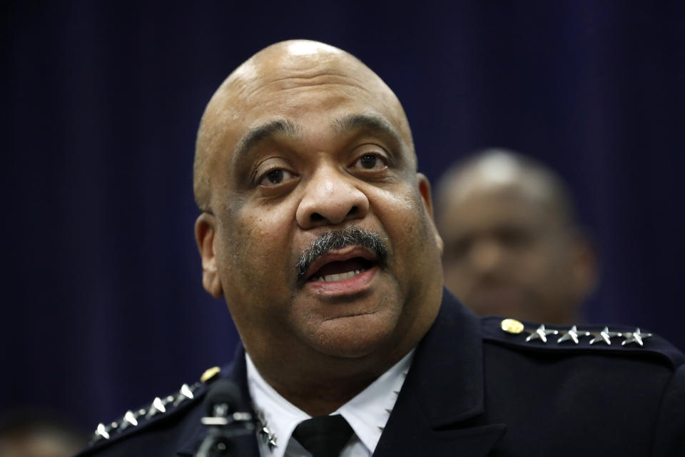 FILE - In this Oct. 28, 2019, file photo, former Chicago Police Supt. Eddie Johnson participates in a news conference at police headquarters in Chicago. Documents, audio of a civilian 911 call and police body camera footage showing the former head of Chicago police allegedly asleep in October at the wheel of his vehicle were released to the public Monday, June 29, 2020, by the city of Chicago. (AP Photo/Charles Rex Arbogast, File)