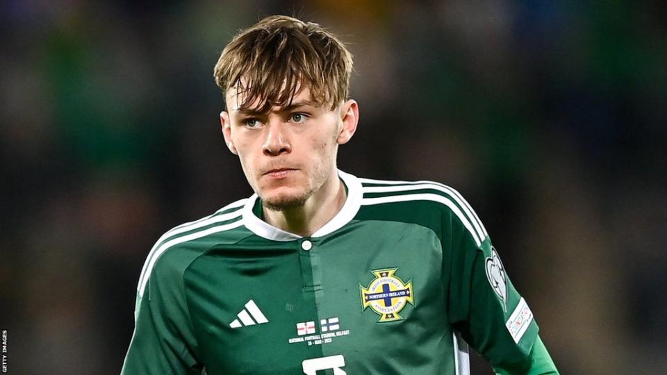 Conor Bradley pictured in action during Northern Ireland's Euro 2024 qualifier against Finland