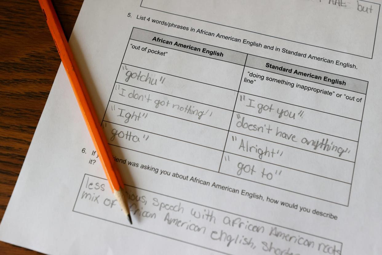 A student’s worksheet on Black English from a session with educator Jamesia Nordman with eighth graders at Marshall Middle
School in Marshall.
