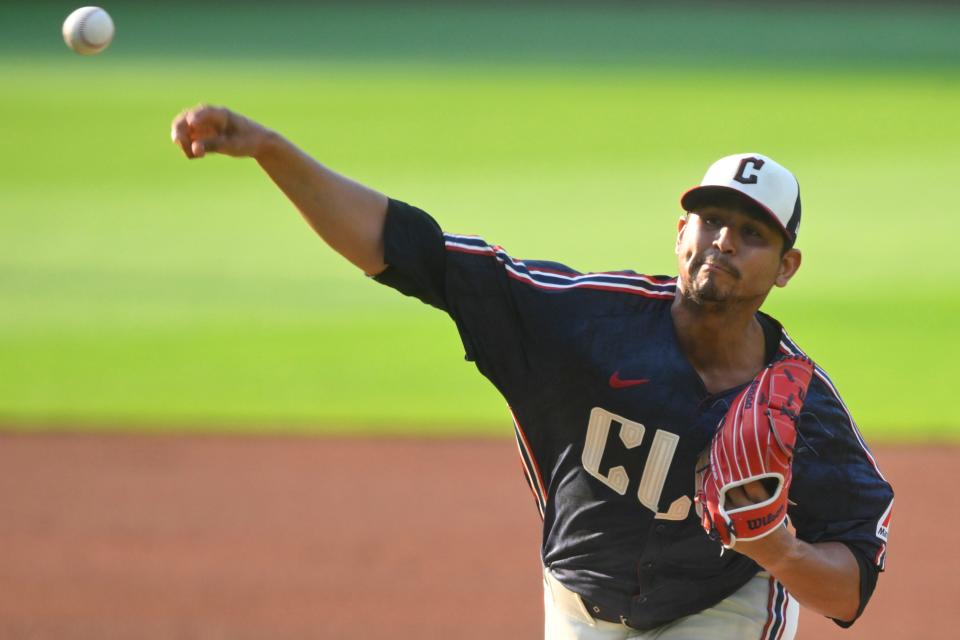 Jun 21, 2024; Cleveland, Ohio, USA; Cleveland Guardians starting pitcher Carlos Carrasco (59) delivers a pitch in the first inning against the Toronto Blue Jays at Progressive Field. Mandatory Credit: David Richard-USA TODAY Sports