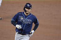 Tampa Bay Rays' Yoshitomo Tsutsugo, of Japan, rounds the bases on his home run during the third inning of a baseball game against the Baltimore Orioles, Saturday, Sept. 19, 2020, in Baltimore. (AP Photo/Nick Wass)