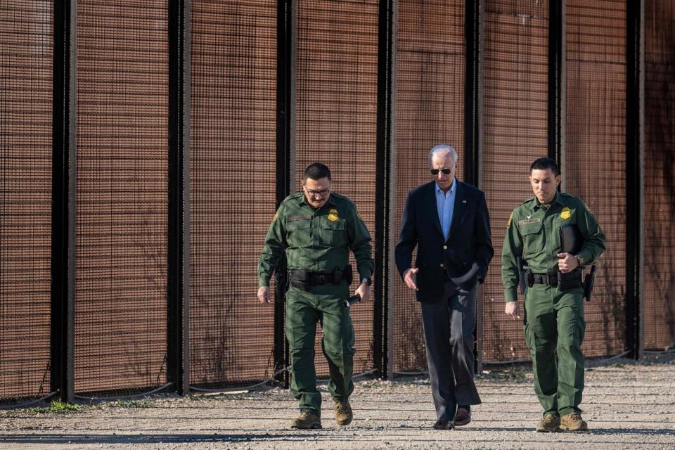 PHOTO: President Joe Biden speaks with US Customs and Border Protection officers as he visits the US-Mexico border in El Paso, TX, Jan. 8, 2023.  (Jim Watson/AFP via Getty Images, FILE)