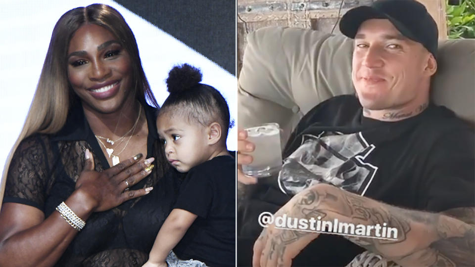 Tennis superstar Serena Williams was hanging out with Richmond Tigers champion Dustin Martin in the Maldives, according to her Instagram story. Pictures: Getty Images/Instagram