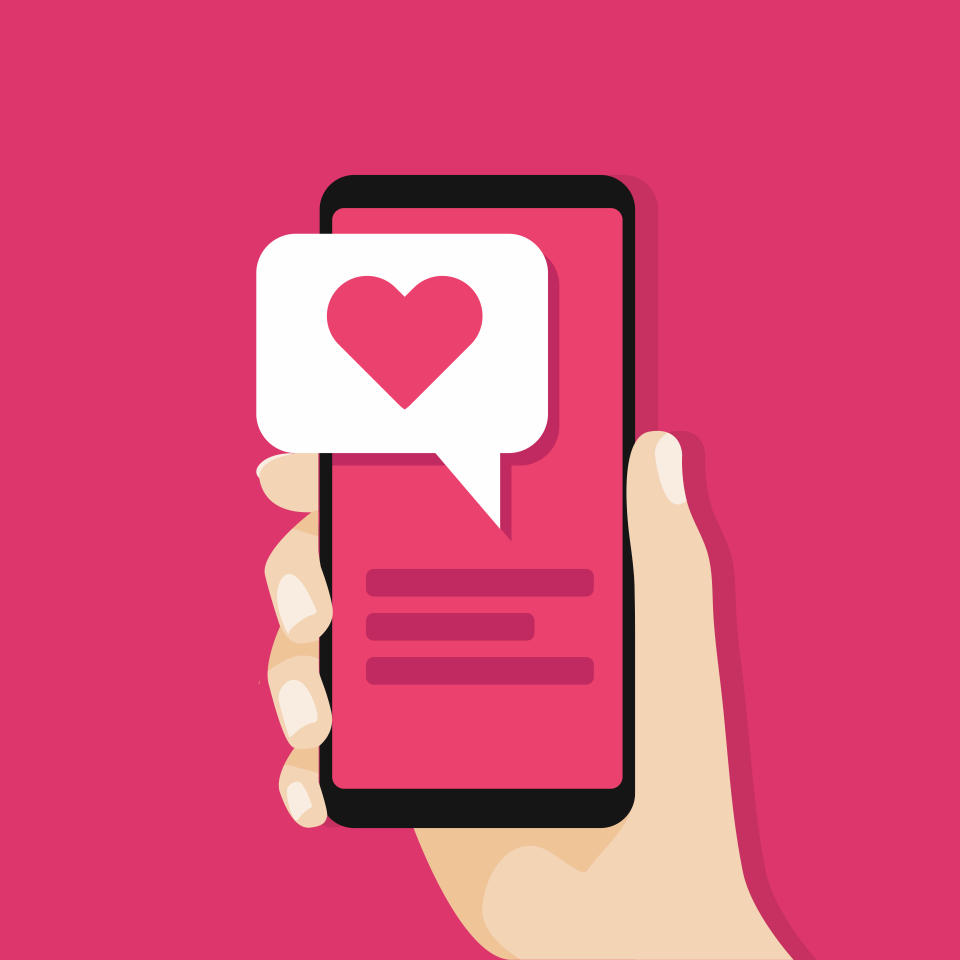 Hand holding smartphone with love message on screen. Social network concept. vector