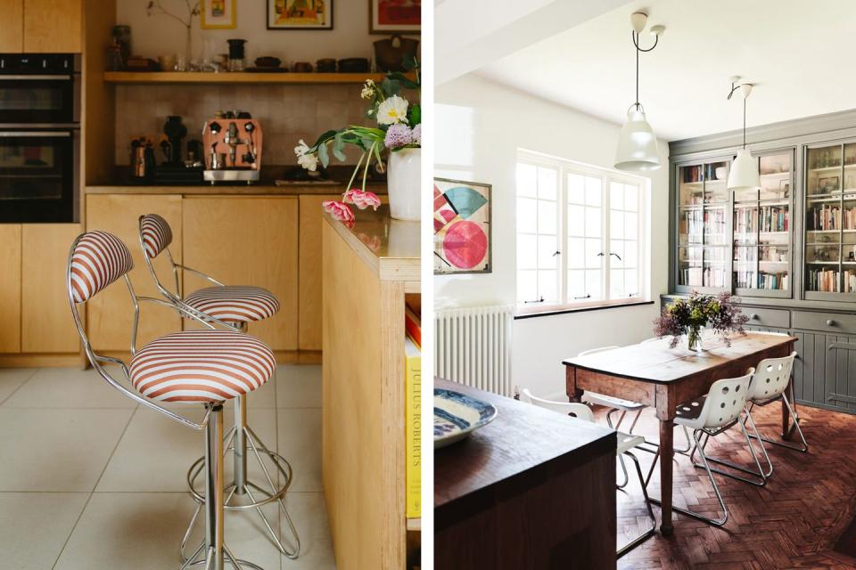 a kitchen with a dining table and vintage chairs