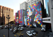 Picture shows a view of a mural of Bob Dylan, the 2016 Nobel Prize winner in literature, in Minneapolis, Minnesota, U.S., October 13, 2016. The mural was created by Brazilian artist Eduardo Kobra and his team. REUTERS/Craig Lassig