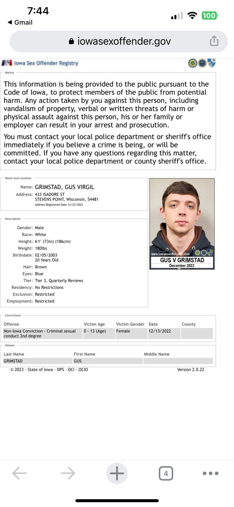 A screenshot captured Gus Grimstad's page on the Iowa Sex Offender Registry in January 2023.