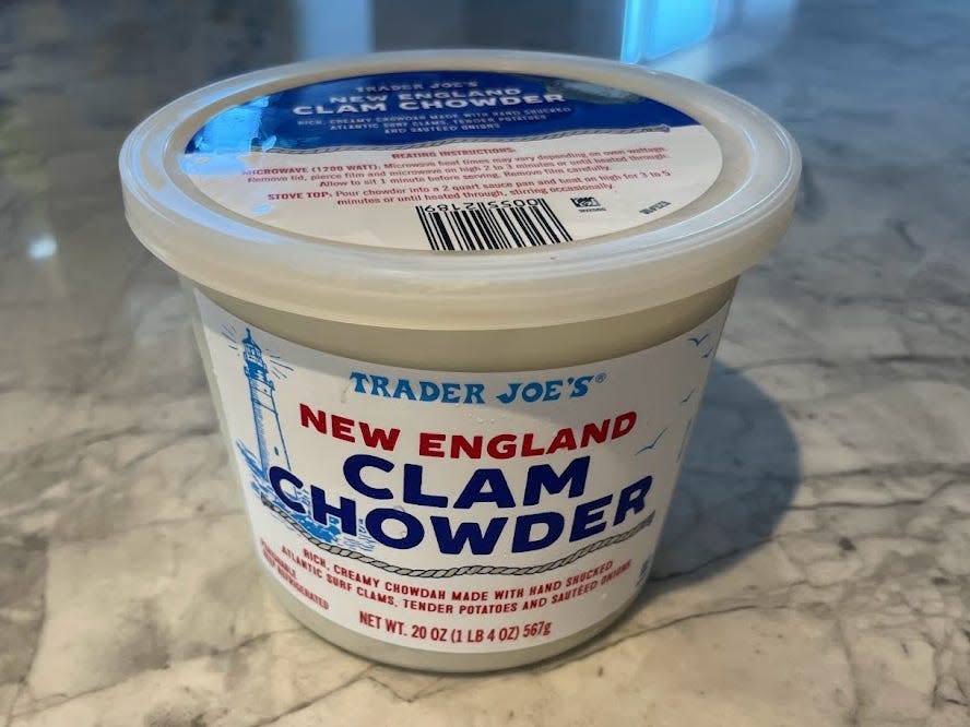 container of tradr joes new england clam chowder on a kitchen counter