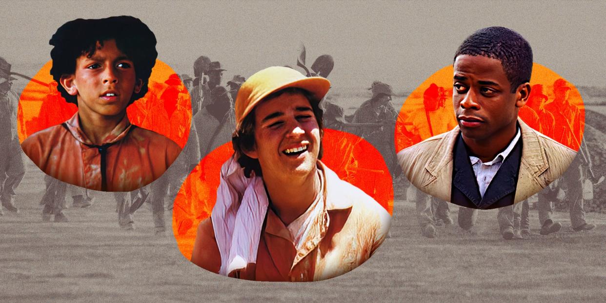 Khleo Thomas, Shia Labeouf, and Dulé Hill are pictured inside of bright orange circles. Behind them is a sepia toned photo from the film Holes of boys walking in the desert holding shovels.