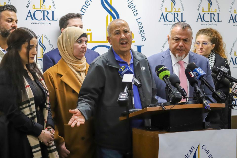 Zakaria Alarayshi, 62, of Livonia talks about his experiences trying to survive and get home after his family home was blown up in Gaza, during a press conference held by the Arab American Civil Rights League (ACRL), who helped him secure he and his wife, Laila’s freedom, at their offices in Dearborn on Wednesday, Nov. 8, 2023.