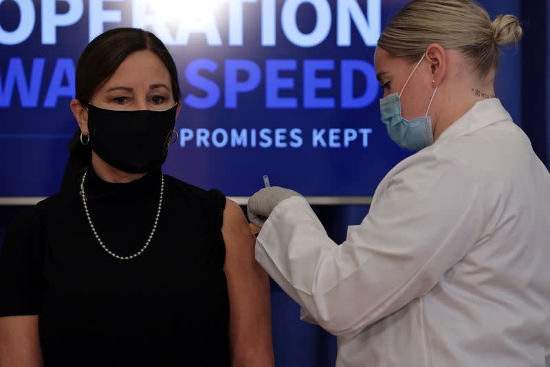 U.S. Vice President Mike Pence's wife, Karen, receives the COVID-19 vaccine at the White House in Washington