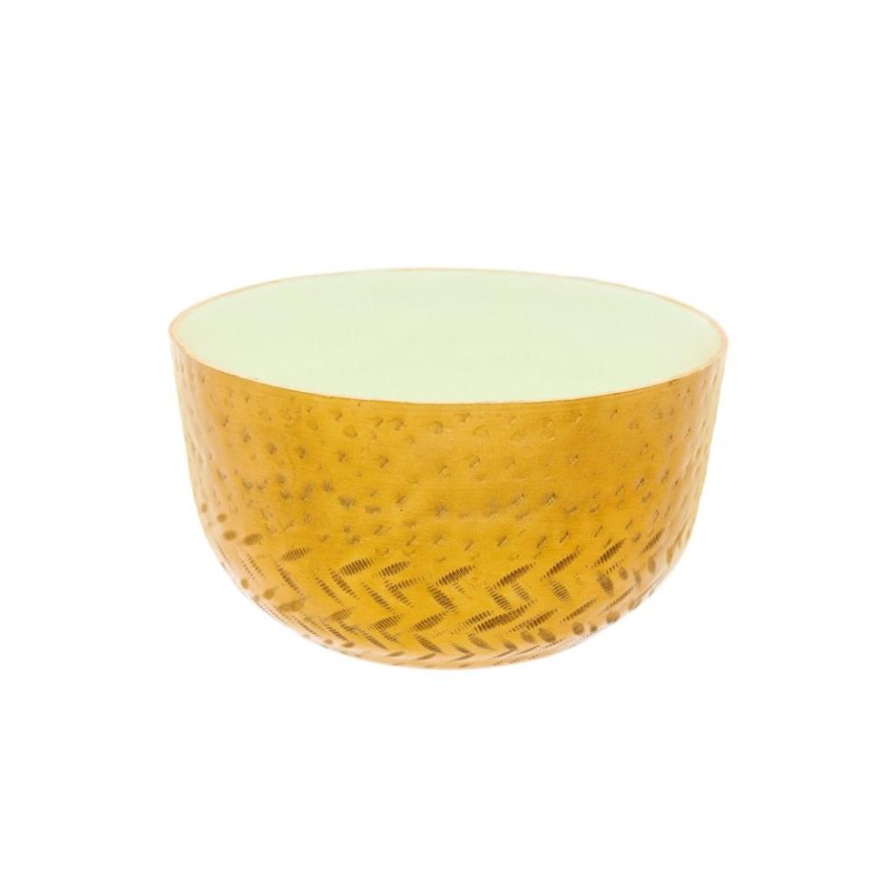 <p><strong>Whitney J. Decor Show </strong></p><p>whitneyjdecor.com</p><p><strong>$12.00</strong></p><p><a href="https://whitneyjdecor.com/product/gold-bowl-with-pistachio/" rel="nofollow noopener" target="_blank" data-ylk="slk:Shop Now;elm:context_link;itc:0;sec:content-canvas" class="link ">Shop Now</a></p><p>Some things are almost too beautiful to use for everyday tasks like eating cereal or having a bowl of snacks. Brighten your friend's daily routine with this stylish bowl. </p>