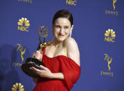 Rachel Brosnahan winner of the award for outstanding lead actress in a comedy series for "The Marvelous Mrs. Maisel" poses in the press room at the 70th Primetime Emmy Awards on Monday, Sept. 17, 2018, at the Microsoft Theater in Los Angeles. (Photo by Jordan Strauss/Invision/AP)
