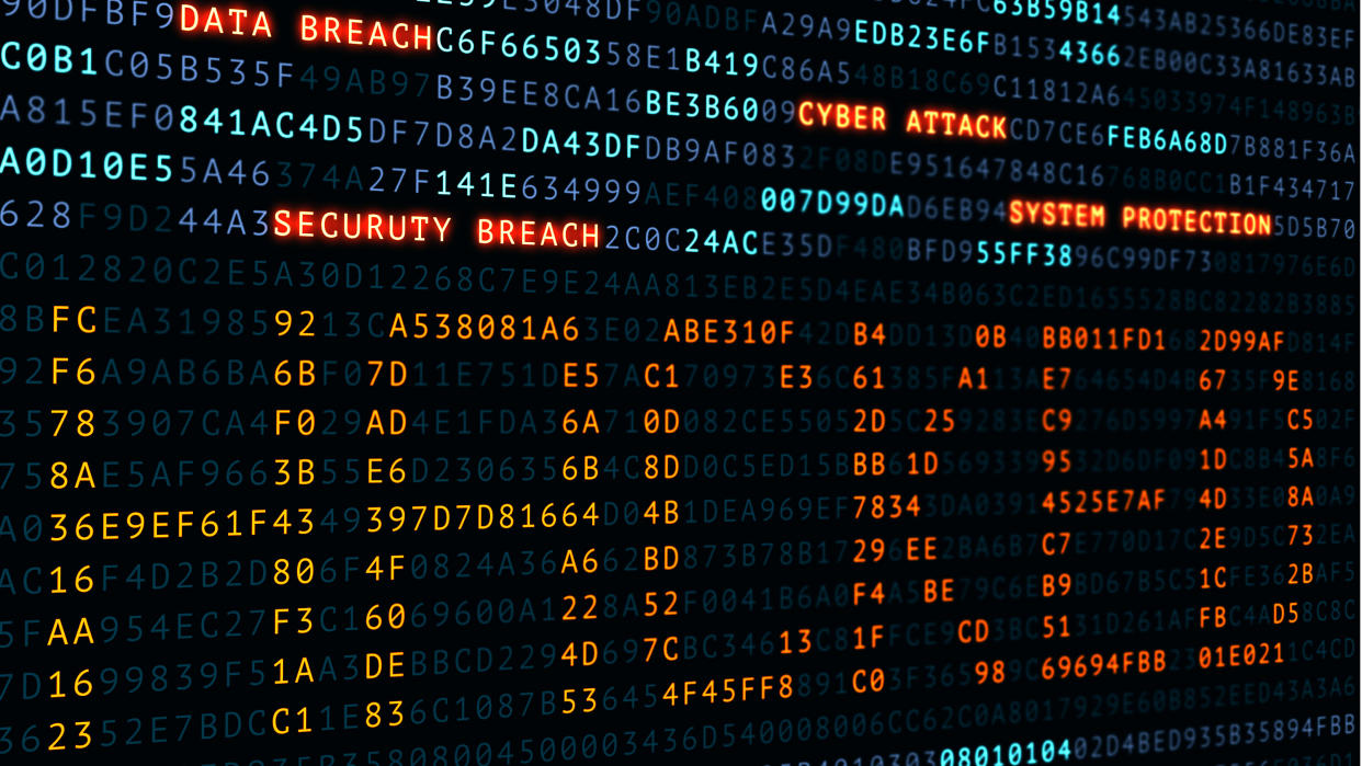  Cyber, attack, hacked word on screen binary code display, hacker. 