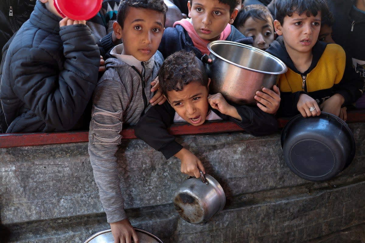 Palestinian children wait to receive food in Rafah  (Reuters)
