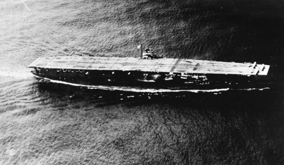 In this photo provided by the Naval History and Heritage Command is the Japanese aircraft carrier Akagi at sea in the summer of 1941. Footage from remote submersibles taken three miles under the Pacific Ocean is giving the world the first detailed glimpse of three World War II aircraft carriers that sunk in the pivotal Battle of Midway, which marked a shift in control of the Pacific naval theater from Japanese to U.S. forces. The remotely operated vehicles recently conducted extensive archeological surveys of the carriers. (Naval History and Heritage Command via AP)