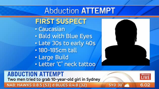 The first suspect is believed to be Caucasian with a 'C' tattoo on his neck. Photo: 7 News