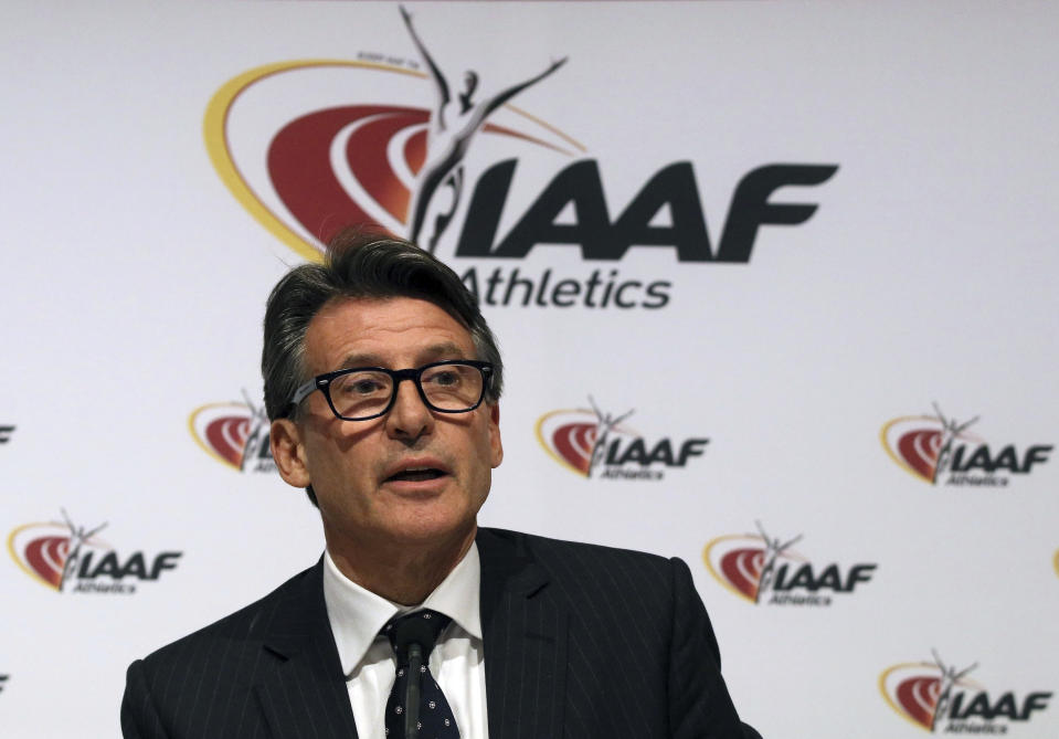 FILE - IAAF President Sebastian Coe speaks during a news conference after a meeting of the IAAF Council at the Grand Hotel in Vienna, Austria, June 17, 2016. Track and field banned transgender athletes from international competition Thursday, March 23, 2023, while adopting new regulations that could keep Caster Semenya and other athletes with differences in sex development from competing. (AP Photo/Ronald Zak, File)