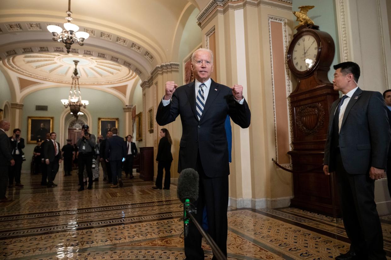 U.S. President Joe Biden speaks briefly to reporters after having lunch with Senate Democrats at the U.S. Capitol on July 14, 2021, in Washington, DC. President Biden is on the Hill to discuss with Senate Democrats the $3.5 trillion reconciliation package they have reached overnight that would expand Medicare benefits, boost federal safety net programs and combat climate change.