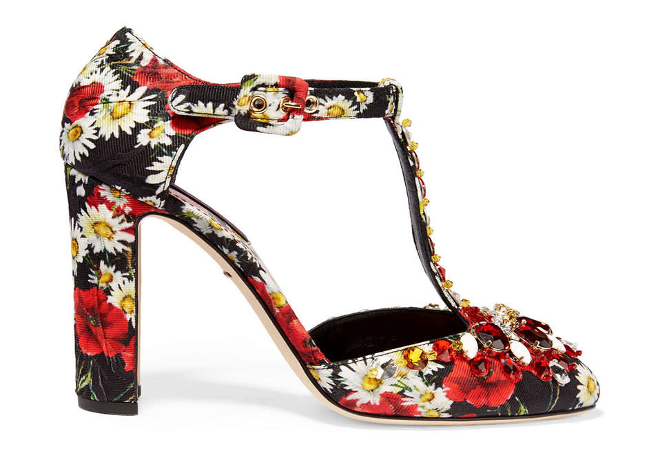 <p>Dolce & Gabbana Crystal-Embellished Printed Brocade Mary Jane Pumps, $1,245, <a href="http://www.net-a-porter.com/us/en/product/642552/dolce___gabbana/crystal-embellished-printed-brocade-mary-jane-pumps" rel="nofollow noopener" target="_blank" data-ylk="slk:net-a-porter.com;elm:context_link;itc:0;sec:content-canvas" class="link ">net-a-porter.com</a><br><br></p>