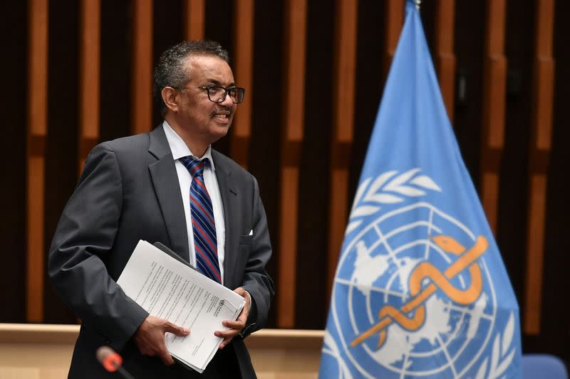 World Health Organization Director-General Tedros Adhanom Ghebreyesus attends a news conference in Geneva