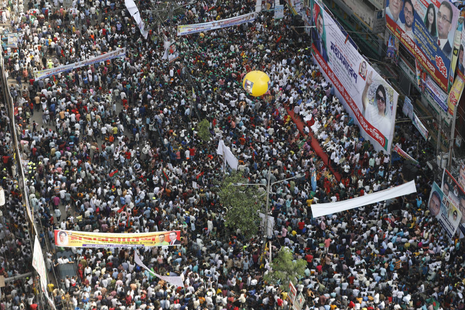 Activists of the Bangladesh Nationalist Party participate in a protest in Dhaka, Bangladesh, Saturday, Oct. 28, 2023. Police in Bangladesh's capital fired tear gas to disperse supporters of the main opposition party who threw stones at security officials during a rally demanding the resignation of Prime Minister Sheikh Hasina and the transfer of power to a non-partisan caretaker government to oversee general elections next year. (AP Photo/Mahmud Hossain Opu)