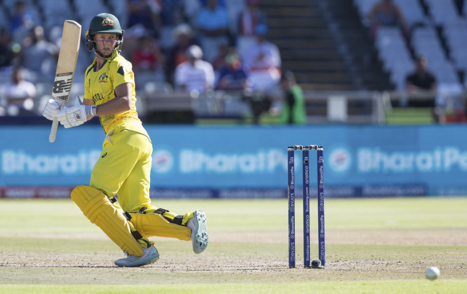 FILE - Australia's Meg Lanning in action against India during the Women's T20 World Cup semi final cricket match in Cape Town, South Africa, Thursday Feb. 23, 2023. Australia women's cricket captain Lanning has announced her international retirement after playing 241 matches — six tests, 103 one-day internationals and 132 Twenty20 matches. (AP Photo/Halden Krog, File)