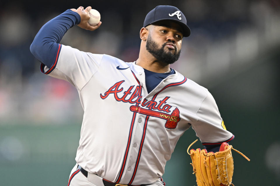 Atlanta Braves starting pitcher Reynaldo Lopez throws during the first inning of a baseball game against the Washington Nationals, Tuesday, Sept. 10, 2024, in Washington. (AP Photo/John McDonnell)