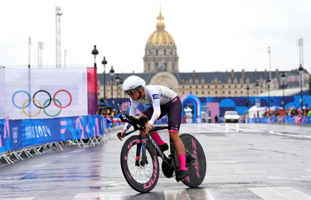 USA's Chloe Dygert during the Women's Individual Time Trial at Pont Alexandre III on the first day of the 2024 Paris Olympic Games in France. Picture date: Saturday July 27, 2024. (Photo by David Davies/PA Images via Getty Images)