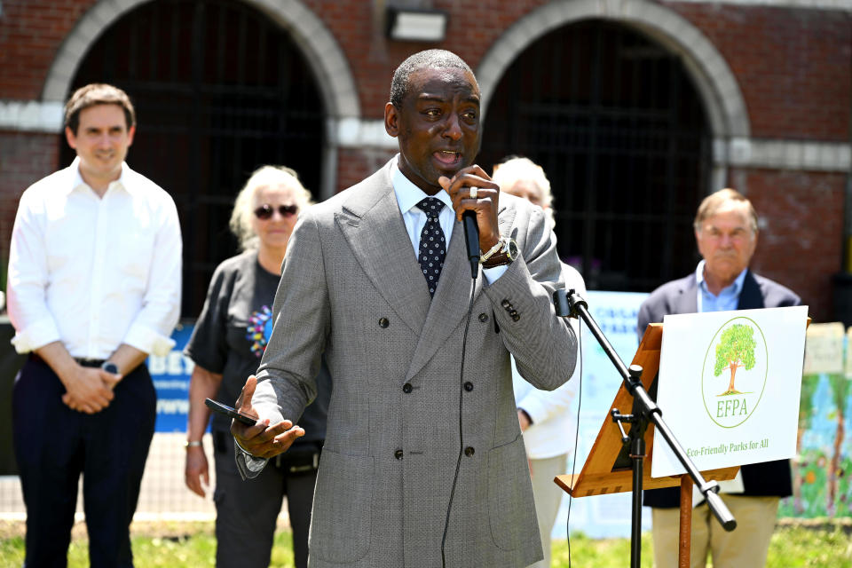 Yusef Salaam speaks at an event on June 1, 2023, in New York City. / Credit: Dave Kotinsky/Getty Images for Stonyfield