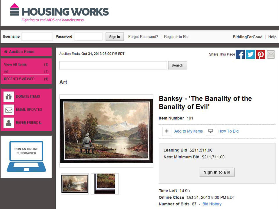 This Wednesday, Oct. 30, 2013 screen shot, made with permission from Housing Works, shows their website featuring a auction for a painting which includes an addition to the scene by the secretive British graffiti artist Banksy. After buying a painting of a pastoral scene for $50, Banksy donated it back to the Housing Works thrift shop in New York where he bought it— but only after reworking it, adding a Nazi soldier to the scene. The 23rd Street Housing Works store is auctioning the painting. (AP Photo/Housing Works)