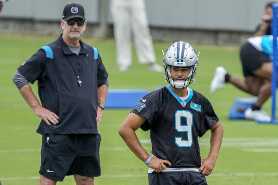 Jun 14, 2023; Charlotte, NC, USA;  Carolina Panthers head coach Frank Reich watches quarterback Bryce Young (9) during the Carolina Panthers minicamp. Mandatory Credit: Jim Dedmon-USA TODAY Sports